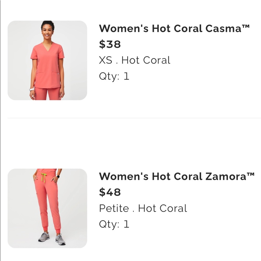 Figs coral scrub top (xs) and jogger bottoms (petite xs)